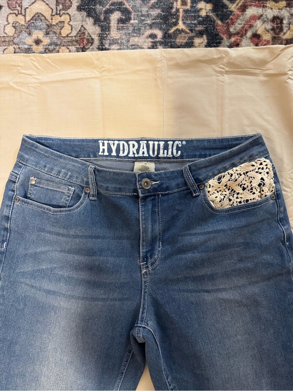 Hydraulic Cropped Jeans Size 14 Blue Denim Crochet Cuff Boho Stretch - Picture 5 of 7